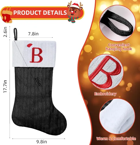 Vista 2 de Medias de Navidad personalizadas de 19 pulgadas con iniciales bordadas, medias de Navidad de punto negro para decoraciones de vacaciones familiares