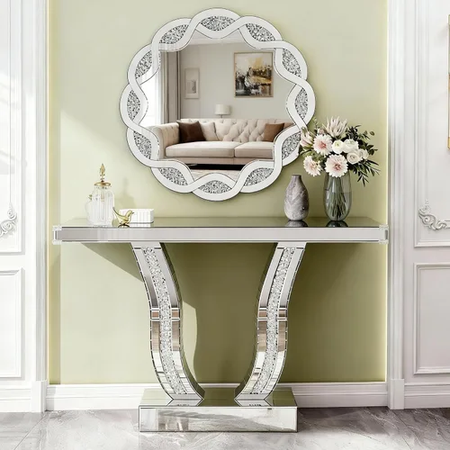 Vista 16 de SSLine Mesa de consola negra con espejo para sala de estar, mesa de entrada moderna de espejo de 43 pulgadas con base de cristal en forma de O