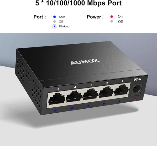 Vista 8 de Conmutador Ethernet Gigabit no administrado de 5 puertos, concentrador de red AUMOX PRO Home, divisor Ethernet de oficina, Plug-and-Play