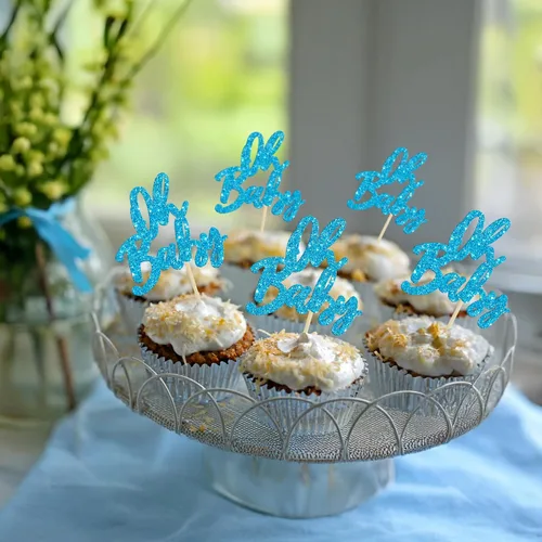 Vista 7 de 24 adornos para cupcakes con purpurina para baby shower, para baby shower, temática de revelación de género, decoraciones para pasteles para baby