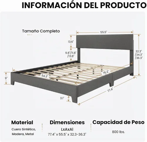 Vista 7 de SHA CERLIN Base de cama de plataforma de tamaño completo con tela de líneas limpias y cabecera ajustable, soporte de listones de madera, no necesita