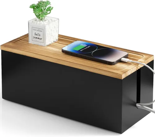 Vista 9 de Caja organizadora de cables de madera de acacia, caja organizadora de cables, 2 ranuras abiertas, organizador de cables para debajo del escritorio