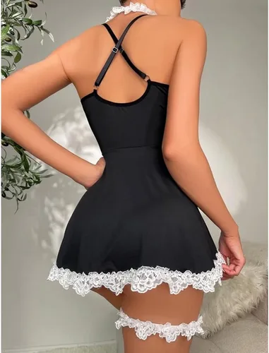 Vista 4 de Lencería sexy de sirvienta para mujer para sexo, disfraz de sirvienta francesa traviesa para juegos de rol, delantal con ribete de encaje, elegante