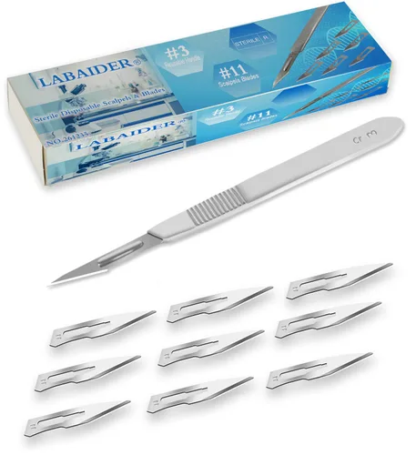 Vista 9 de Cuchillas estériles de bisturí #10 10 piezas estériles envueltas individualmente en papel de aluminio, con mango de cuchillo de bisturí #3