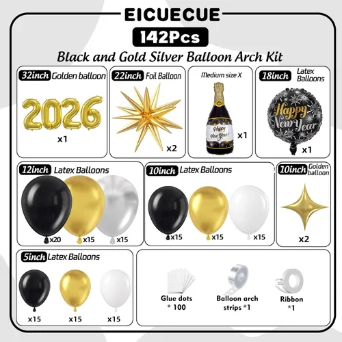 Vista 2 de Kit de arco de guirnalda de globos plateados negros y dorados, globos de diferentes tamaños, globos negros metálicos dorados metálicos y plateados