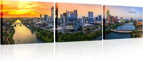 Vista 22 de TUMOVO 3 piezas de arte de pared en lienzo con diseño de horizonte de Atlanta, arte de pared panorámico de paisaje urbano en blanco y negro