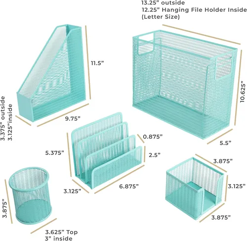 Vista 6 de Blu Monaco Aqua - Juego de organizador de escritorio de 5 piezas Juego de suministros de oficina de metal con organizador de archivos colgante