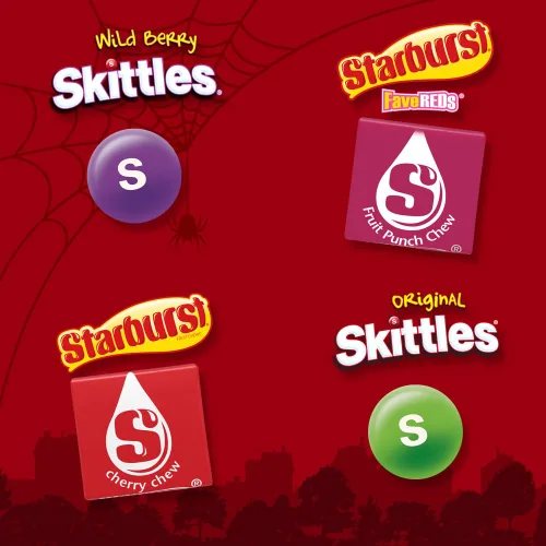 Vista 3 de Skittles, Starburst Fun Size Chewy Candy Surtido Variedad, envueltos individualmente, 32.28 onzas, bolsa a granel