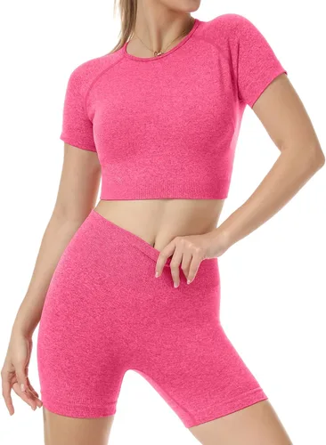 Vista 3 de Nicytore Conjuntos de yoga para mujer, conjunto de 2 piezas, sin costuras, manga corta, pantalones cortos, leggings de entrenamiento, ropa deportiva