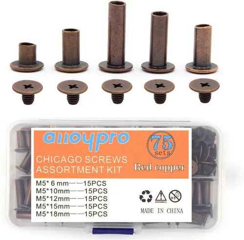 Vista 8 de Chicago Tornillos surtidos Kit de remaches de cuero de cobre rojo, remaches de tornillo, cabeza Phillip ranurada, postes de encuadernación