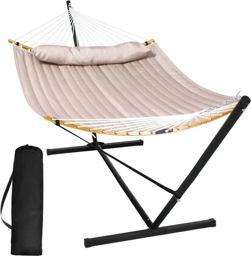 Vista 9 de SUNCREAT Hamaca doble con soporte incluido, hamaca portátil con soporte y almohada grande, rayas azules