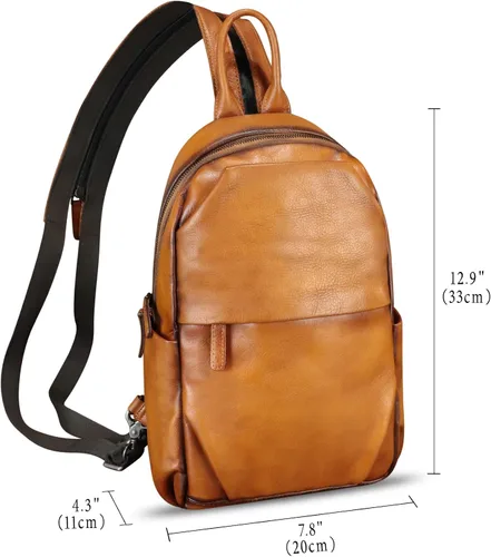 Vista 6 de Bolso de cuero genuino para hombres y mujeres, mochila grande tipo bandolera para iPad Pro de 12.9 pulgadas, Marrón, Mediana