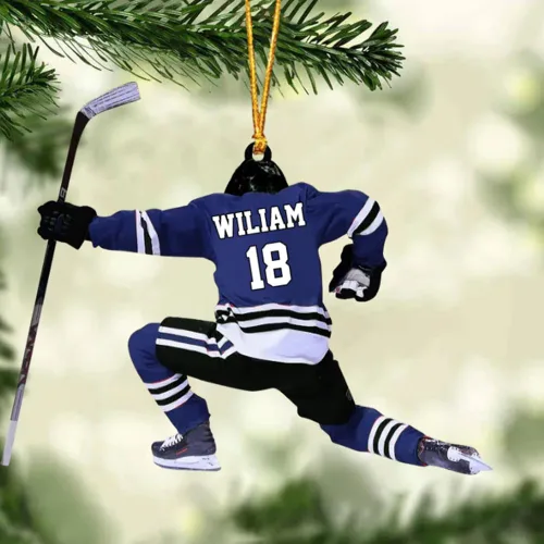Vista 5 de Adorno de Navidad personalizado de jugador de hockey 2025, decoración colgante de madera acrílica con nombre personalizado para árbol de vacaciones