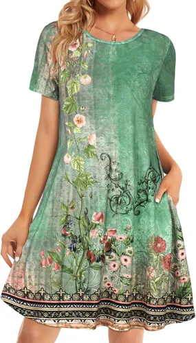 Vista 41 de Vestidos de verano para mujer, informales, holgados, estilo camiseta, florales, de manga corta, con vuelo y bolsillos, para la playa