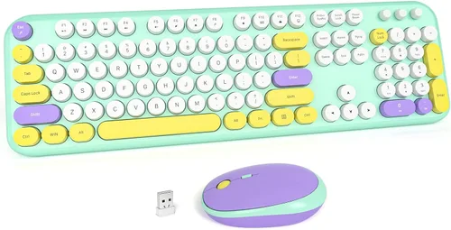 Vista 16 de MOFII Combo de teclado y mouse inalámbricos, máquina de escribir compacta, juego de teclado y mouse redondos retro, Plug and Play, para Windows