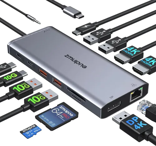 Vista 12 de Hub USB C Estación de acoplamiento USB C Monitor dual 4K@60Hz+DP 8K@30Hz para Dell HP, Estación de acoplamiento para portátil 3 monitores 15 en 1