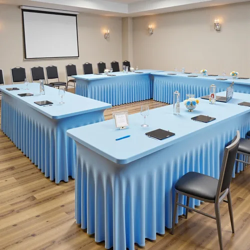 Vista 9 de Paquete de 2 manteles de elastano azul bebé de 6 pies con falda de mesa con volantes, manteles ajustables elásticos sin arrugas para mesas