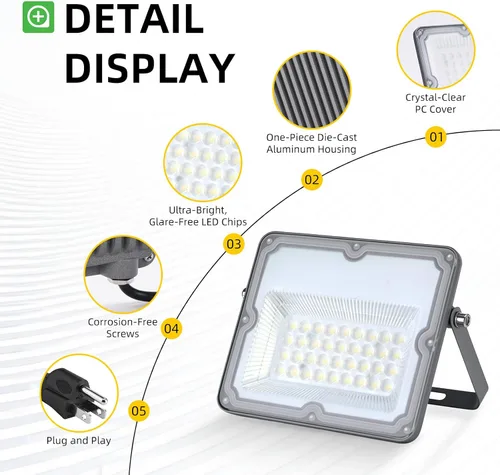 Vista 8 de WeDo Luz de Inundación LED de 30W para Exteriores – Luz de Seguridad Impermeable IP65 con Enchufe y Cable de EE.UU., Luz Diurna de 6500K Sin