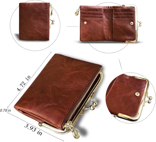 Vista 6 de AOXONEL Cartera pequeña Rfid para mujer, compacta, plegable, de cuero, vintage, con cremallera y cierre de beso, Vintage