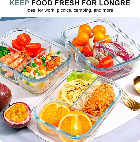 Vista 5 de KOMUEE Recipientes de vidrio para preparación de comidas, 3 compartimentos, paquete de 5 recipientes de vidrio de 36 onzas, recipientes
