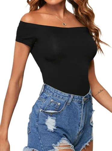 Vista 2 de LilyCoco Camiseta pirata ajustada sexy de manga corta con hombros descubiertos para mujer