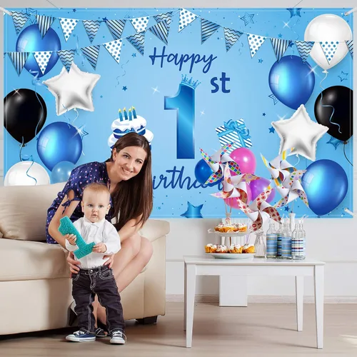 Vista 4 de Cartel de fondo de feliz primer cumpleaños azul para recién nacidos, fondo de fotografía para primer cumpleaños, suministros de decoración de fiesta