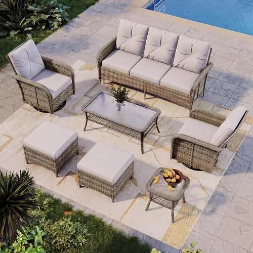 Vista 10 de Aoxun Juego de muebles de mimbre de ratán de 10 piezas con mesa para fogata Gris