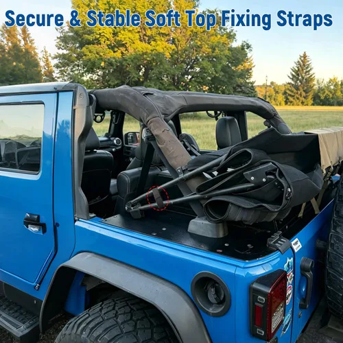 Vista 3 de Correa de amarre de techo suave para Jeep Wrangler JK, correa de tensión superior suave ajustable, negro (paquete de 4) Soft Top Tie Down Straps