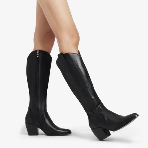 Vista 7 de Dream Pairs - Botas vaqueras para mujer, cómodas, con cremallera, tacón grueso, puntera puntiaguda, bordadas, botas altas hasta la rodilla