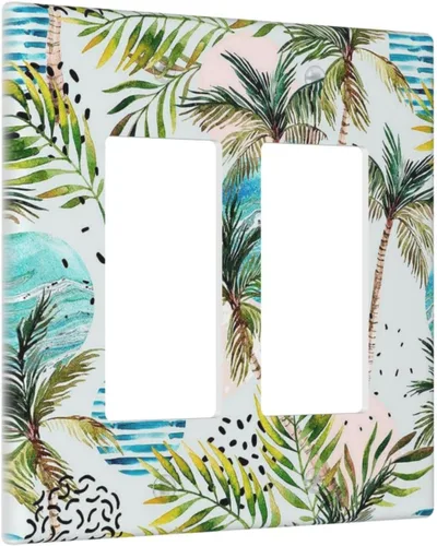 Vista 191 de Cubierta de interruptor de luz de una pandilla de hojas de palma tropicales de estilo bohemio abstracto, árbol de coco, verano, sin dispositivo