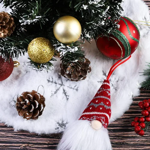 Vista 5 de URATOT Paquete de 2 minifaldas de árbol de Navidad de 15 pulgadas, color blanco con tapete de árbol de copo de nieve plateado, falda de árbol