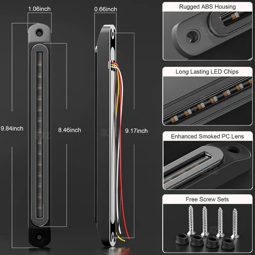 Vista 4 de BJZ Tira de luces LED traseras de remolque de 10 pulgadas, tira de luz roja de marcador de freno, señal de giro ámbar, luz de identificación