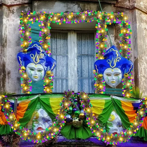 Vista 7 de Guirnalda de oropel de Mardi Gras de 20 pies/19.7 ft con luces LED, guirnalda metálica de oropel con pilas, guirnalda colgante de lámina colorida