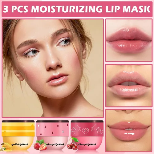 Vista 2 de CAHIUYOA Bálsamo labial de abeja, 3 unidades, bálsamo labial de miel, fresa, miel, cereza, máscara para dormir, bálsamo labial hidratante de abeja