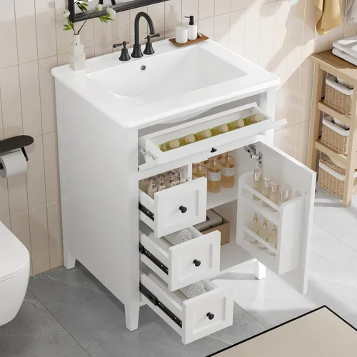 Vista 15 de Harper & Bright Designs Tocador de baño de 24 pulgadas con lavabo, juego de tocador independiente con 4 cajones, estantes de almacenamiento y Negro