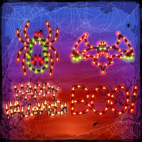 Vista 9 de LAMPHOME Decoraciones de Halloween – Silueta de ventana, linterna iluminada, telaraña, calavera, gato para fiesta, hogar, interior, adornos de mesa