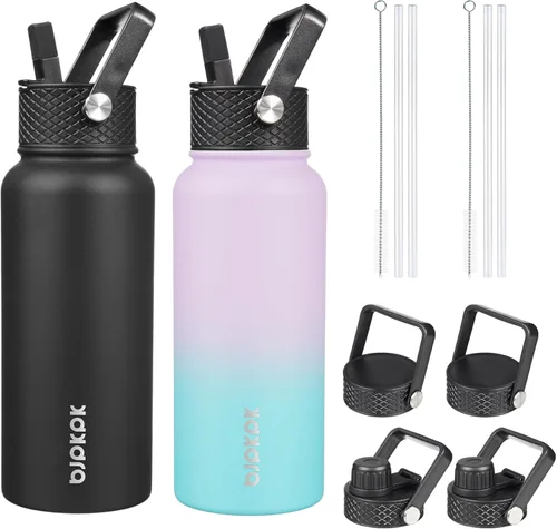 Vista 21 de BJPKPK Paquete de 2 botellas de agua aisladas con tapas con pajita, botella de agua de metal de acero inoxidable de 18oz con 6 tapas, jarras a