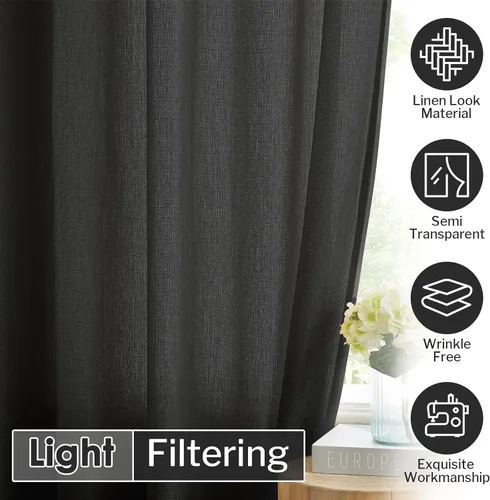 Vista 5 de Melodieux Cortinas Semitransparentes Negras de 63 Pulgadas de Largo para Ventanas Pequeñas de Sala de Estar y Dormitorio con Aspecto de Lino Rústico