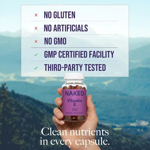 Vista 2 de Naked Vitamina E 400 UI – Suplemento natural de vitamina E con tocoferoles mixtos para apoyo antioxidante y salud de la piel – 100 cápsulas blandas