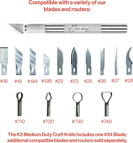 Vista 5 de Excel Blades K2 - Juego de cuchillos de hobby de servicio medio, paquete de 3 cuchillos de precisión con cuchillas #24 para tallar y manualidades