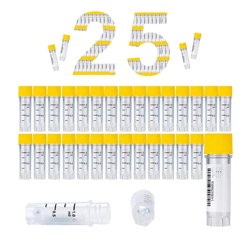 Vista 18 de Cryoviales de 0.0 fl oz, 25Pcs Cryotubes con código de barras lateral, frascos de esterilización con rosca externa, tubos de muestra con tapas Azul