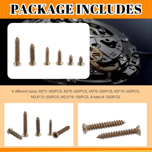 Vista 3 de 1300 piezas M2 M2.6 bronce cabeza plana Phillips Cross pequeños tornillos de madera tornillos de roscar tornillos electrónicos Kit surtido de Oro