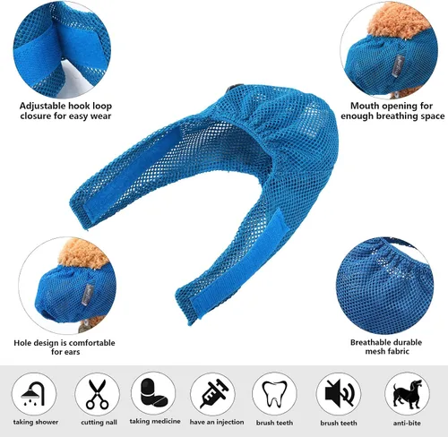 Vista 3 de Weewooday 3 bozales para gatos, bozales de malla transpirable, bolsas de retención para aseo de gatos con bozal antimordeduras antimaullido para Azul