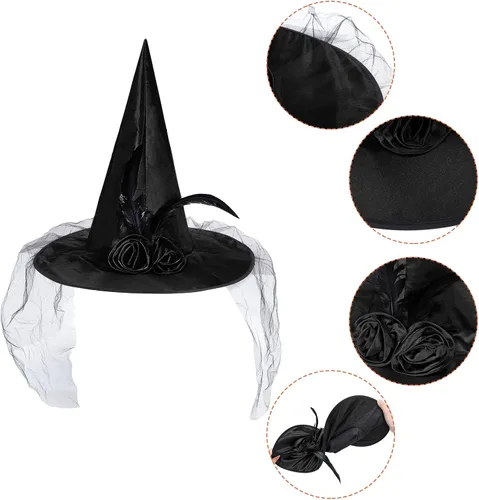 Vista 15 de American Trends Sombrero de bruja de Halloween para mujer, accesorio de disfraz de Halloween de encaje para fiesta