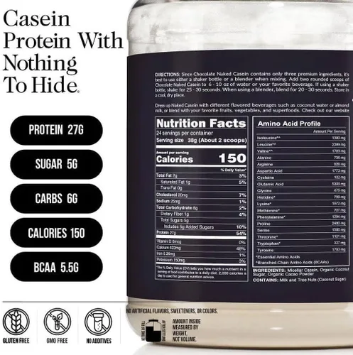Vista 3 de NAKED Casein - 2 libras de proteína de caseína micelar de chocolate - a granel, sin OMG, sin gluten, sin soya, sin conservantes - estimula