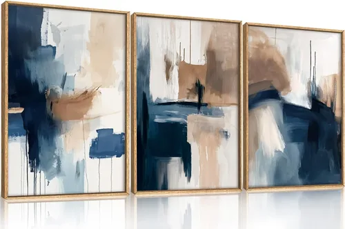 Vista 42 de Arte de Pared de Lienzo Enmarcado con Grandes Pinceladas Abstractas, Decoración de Pared Azul Marino Neutro, Pintura de Pared Moderna en Tonos