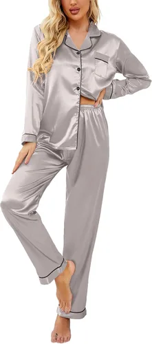 Vista 47 de Ekouaer - Conjunto de pijama de satén de seda clásico con botones para mujer, de manga larga Verde militar