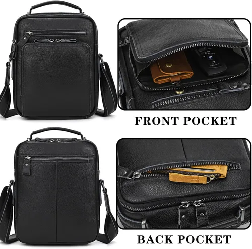 Vista 6 de Bolso pequeño de cuero para hombre, bandolera de cuero genuino y bolsa de hombro para hombres, bolsillos con cremallera, bolso de mano para hombre