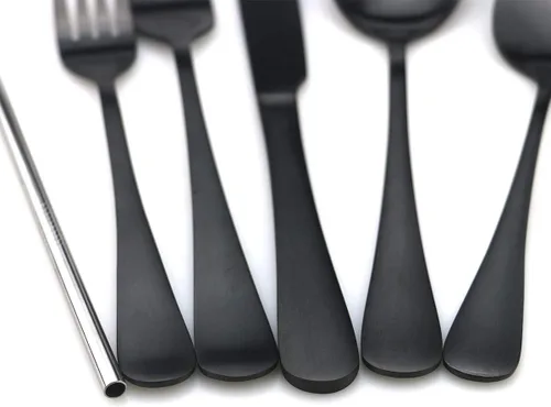 Vista 7 de JASHII Modern Royal - Juego de vajilla de 5 piezas de acero inoxidable 18/10 negro mate con popote para beber, cuchillo tenedor y cuchara