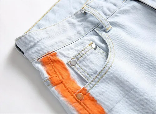 Vista 5 de Jeans rasgados a rayas laterales para hombre, corte recto, desgastados, con agujeros destruidos, pantalones de mezclilla casuales ajustados